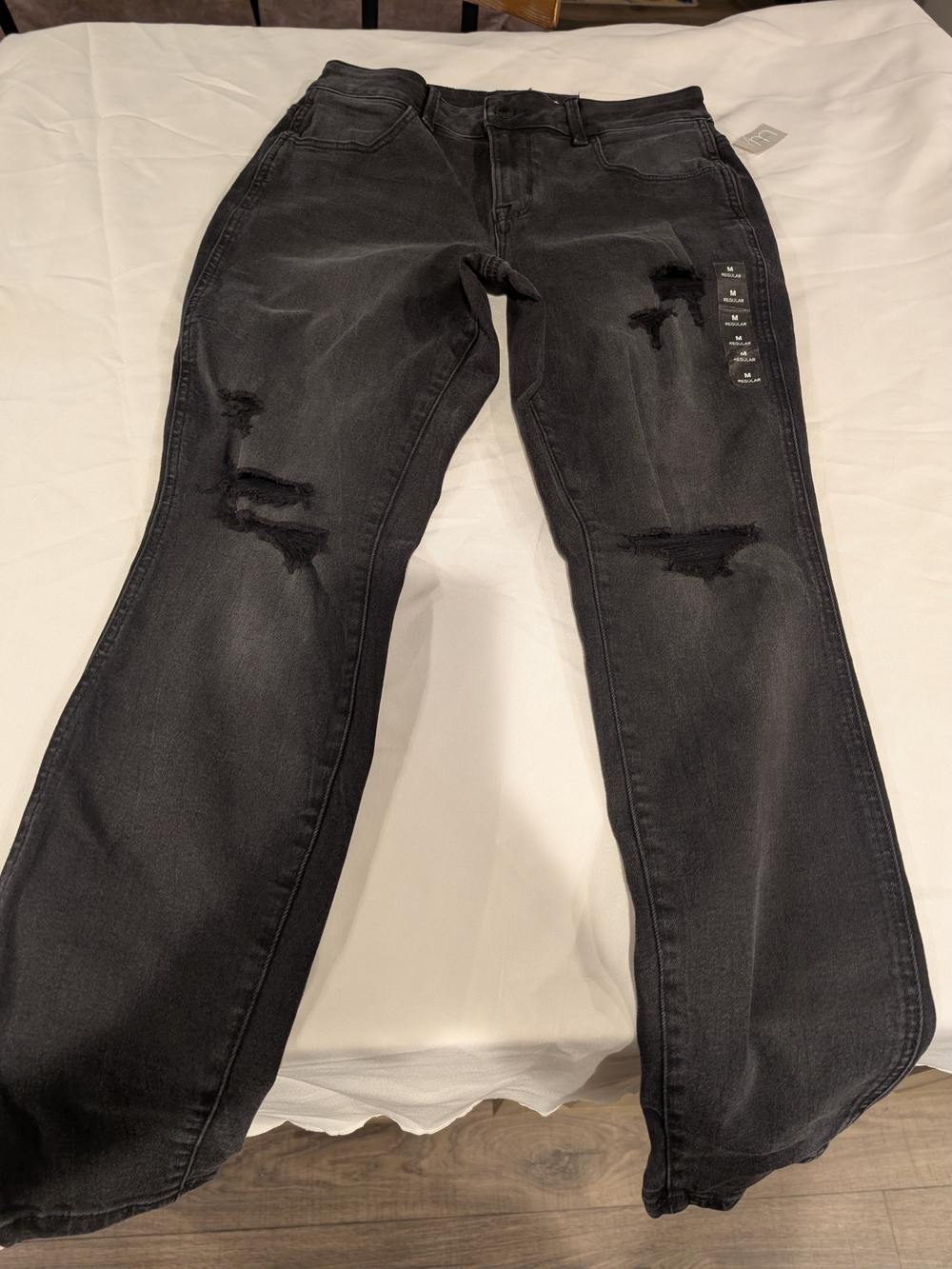Womens Black Distressed Straight-Leg Jeans